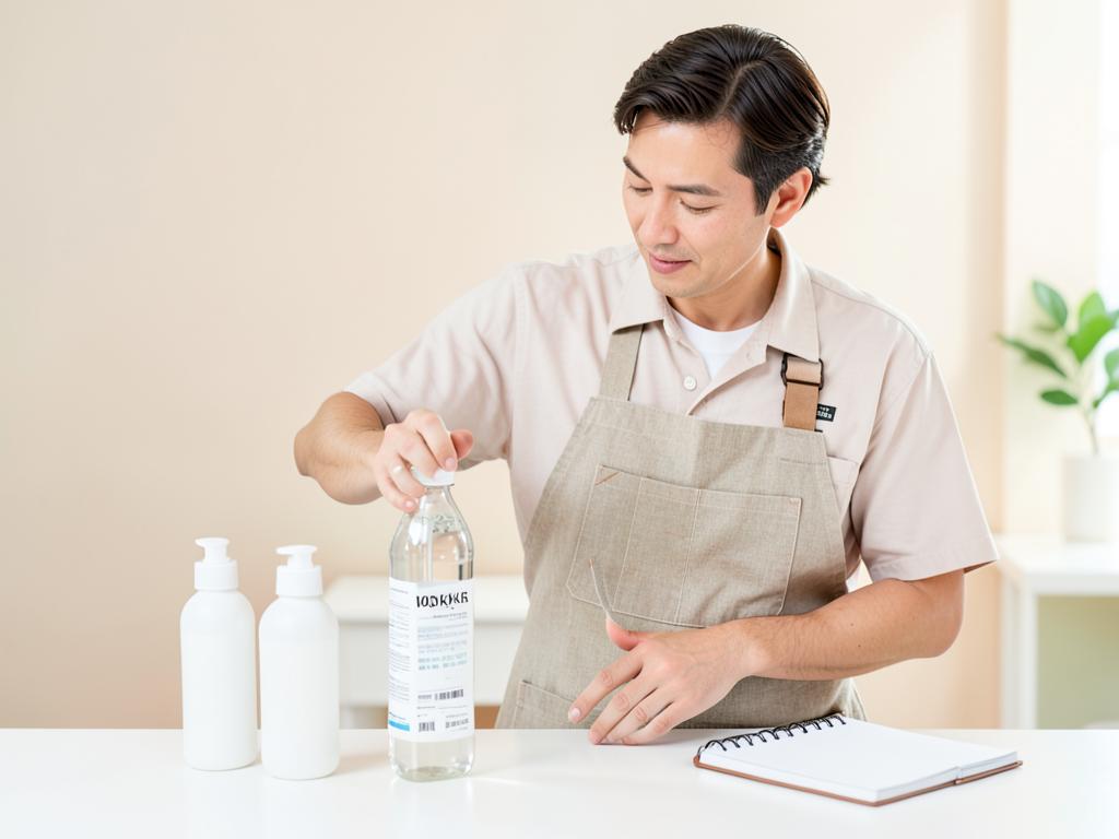 Maker checking a bottle of dishwash liquid on a work table