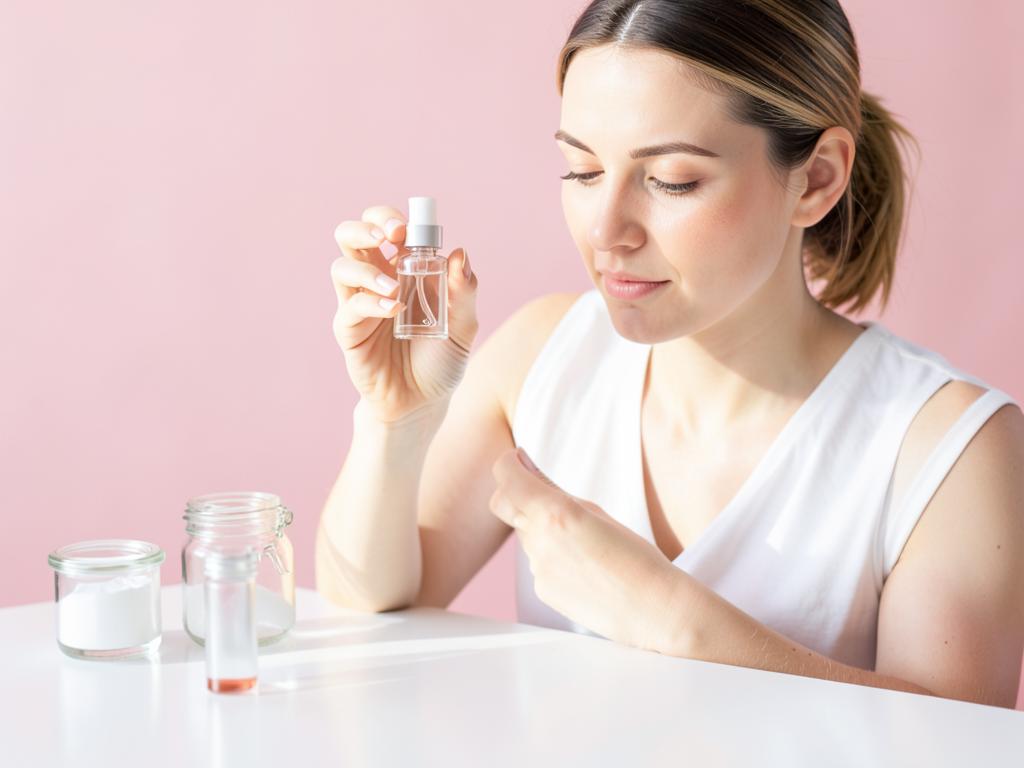 Woman inspecting a small glass face serum bottle